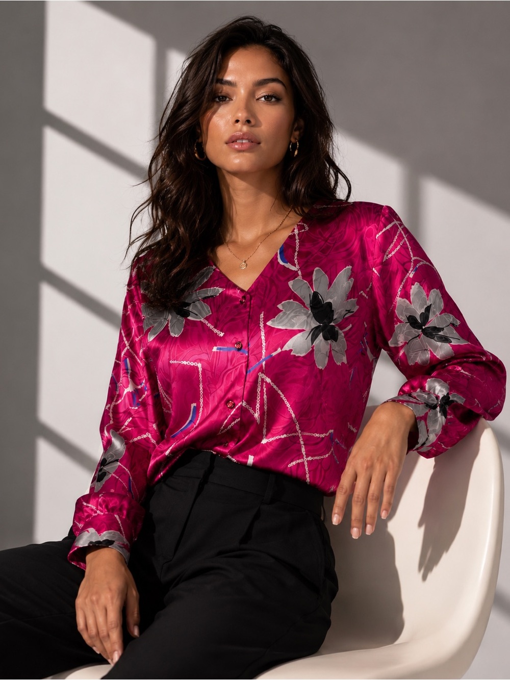 Women’s Large Pink Satin Floral Button Front Blouse Y2K Long Sleeve Top L